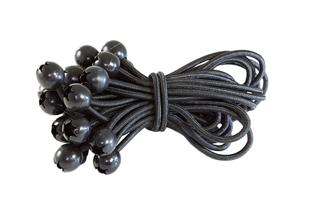 Schwarzes Kugel-Zeltgummi 120&nbsp;mm freigestellt &ndash; elastische Schlaufe mit angespritzter Endkugel
