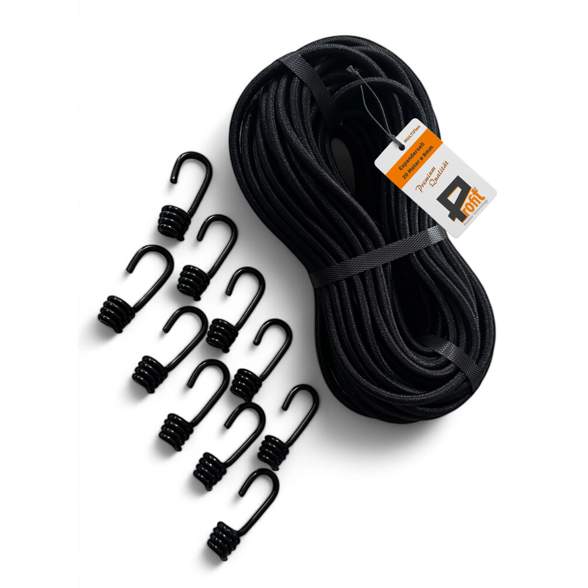 Expanderseil 20 Meter x 8mm Multiflex schwarz im Set mit 10 Spiralhaken für vielseitige Anwendungen