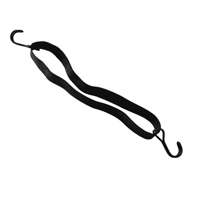 Geflechtgummi mit je einem verzinkten Spannhaken an den zwei Enden, freigestellt vor weißem Hintergrund