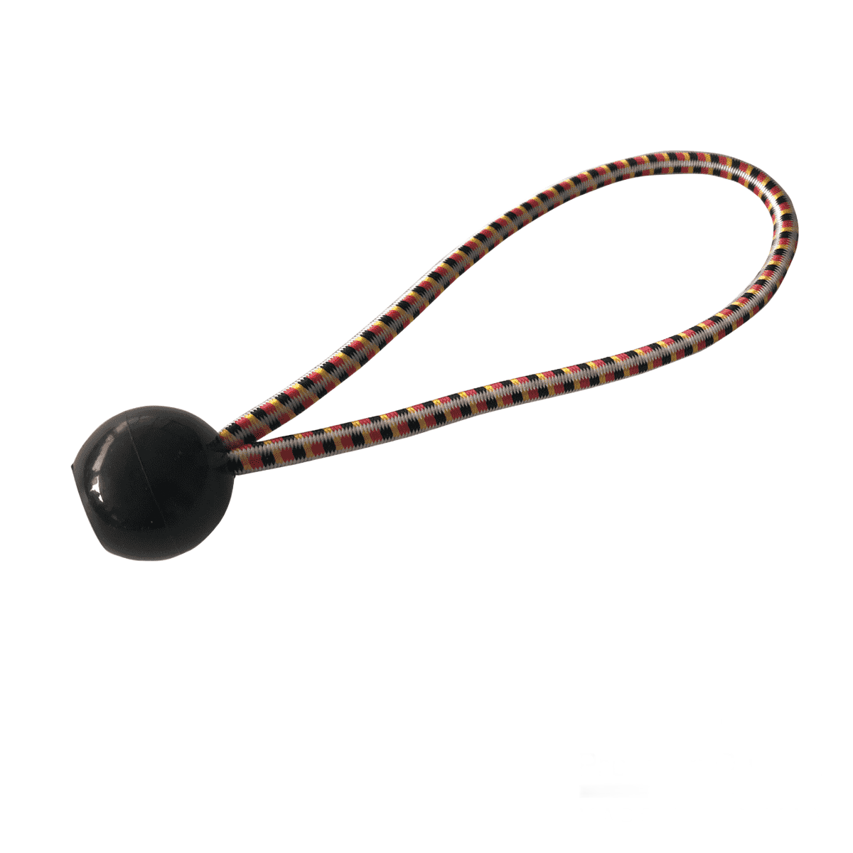 Doppelt gelegtes UV-beständiges elastisches Geflechtgummi das an einer schwarzen Toggle-Klemme endet, in Studioaufnahme