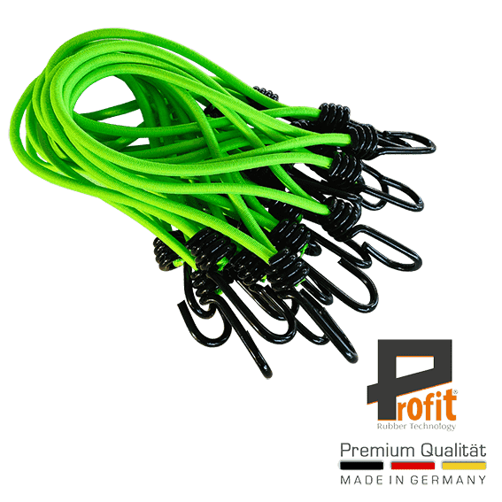 Zeltgummis Neongrün 180mm mit Spiralhaken 25 Stück für sicheren Halt