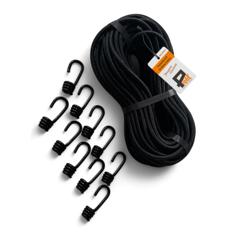 Expanderseil 20 Meter x 8mm Multiflex schwarz im Set mit 10 Spiralhaken für vielseitige Anwendungen